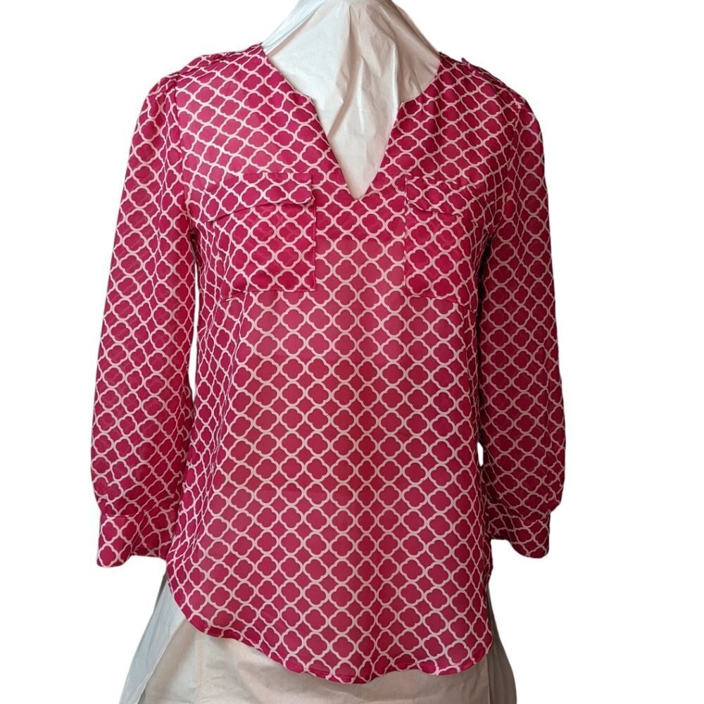GAP Camp Style Semi Sheer V Neck Blouse Hot Pink and White Size Extra Small